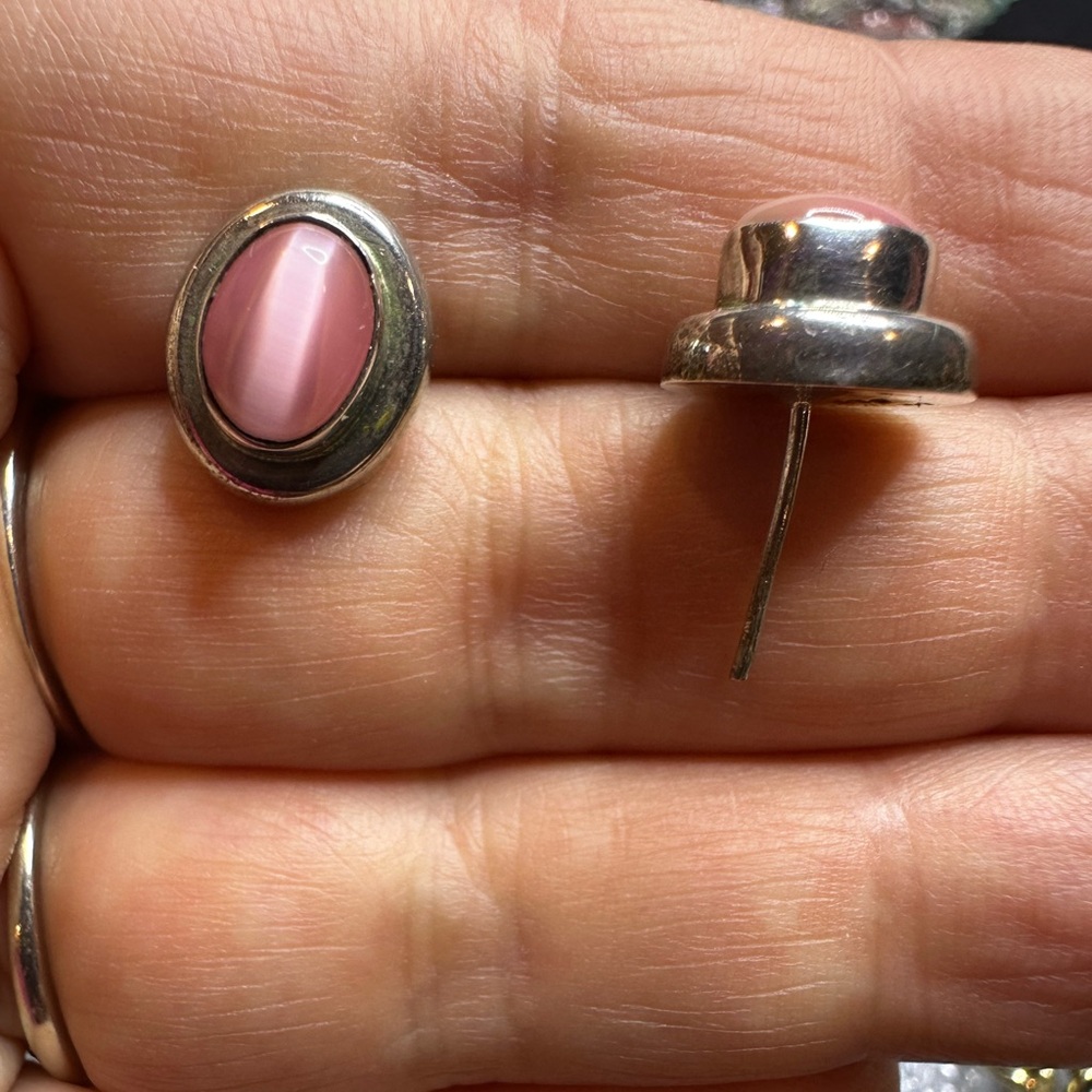 24.55 GM Mexico 925 Sterling Silver Pink Cats Eye Post Stud Earrings